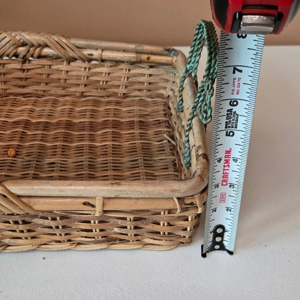 Vintage Heironimus Wicker Rattan Serving Basket Tray Green Metal Handles 16